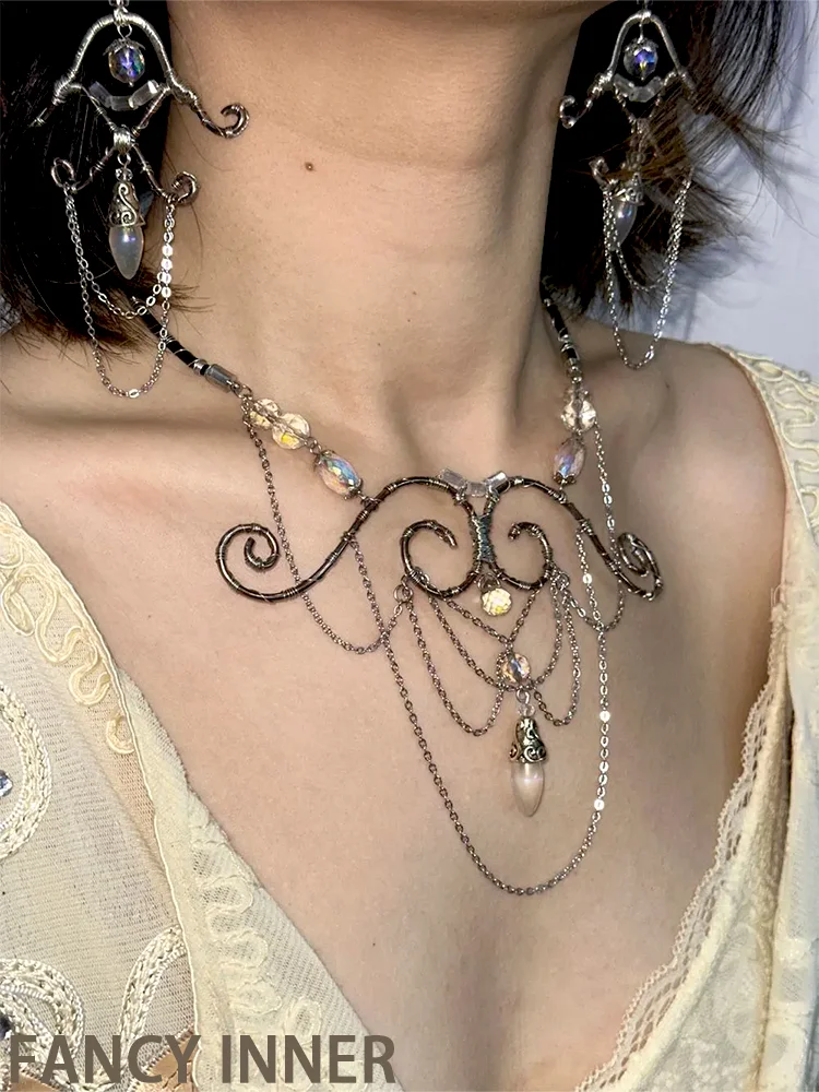 2026 New Necklace Mermaid Tears Metal Chain Tassel Shiny Stone Vintage Retro Dark Neck Accessaries for Women Girl Jewelry