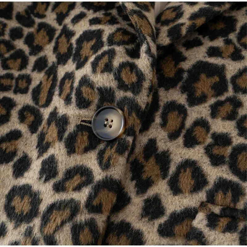 Terno de pelúcia lapela estampado leopardo para mulheres, jaqueta vintage, casaco solto, casaco casual, casaco grosso, top com bolso, outono e inverno