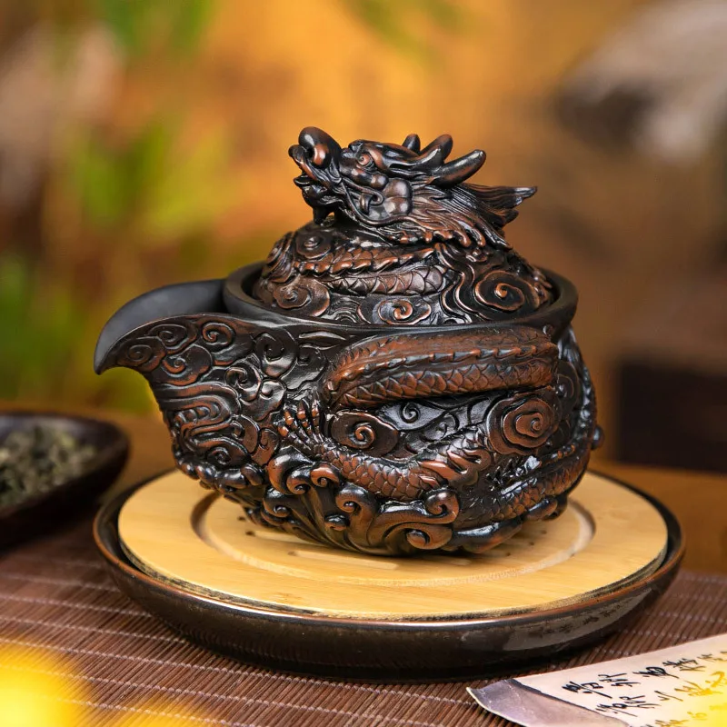 

Purple Pottery Carving of Four Seas Mighty Dragon Handheld Teapot Fully Hand Made Purple Clay Teapots Household Kung Fu Tea Set
