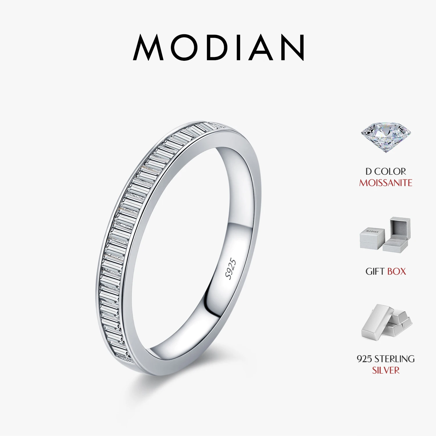 Anillos apilables MODIAN deslumbrantes de moissanita rectangular de color D, anillos de banda de eternidad de plata de ley 925 para mujer, joyería fina