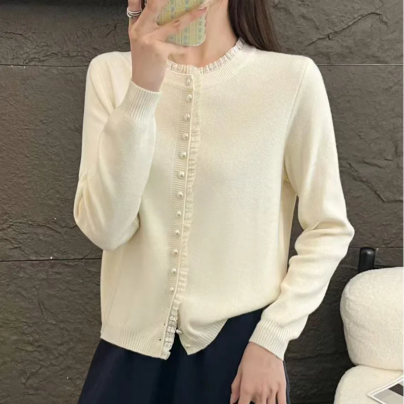 

Knitted Sweater Women Cardigans New Long Sleeve O-Neck White Lace Knit Sweater Cardigan Women Tops Sweaters Women Clothing Q1065