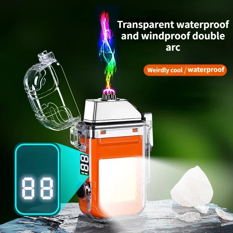 Outdoor Waterproof Rechargeable Dual Arc Lighter with Light Digital Power Display Type-C Rechargeable Cigarette Lighter