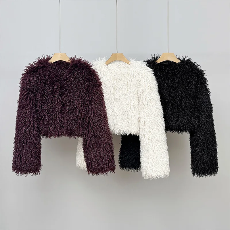 معاطف نسائية من الفرو الصناعي سترات قصيرة سادة رقبة مستديرة وأكمام طويلة مغطاة بأزرار مستقيمة للمكتب للسيدات غير رسمية لخريف وشتاء 2025