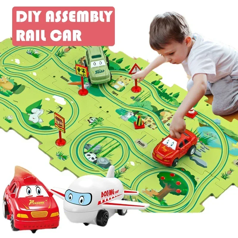 Kinderen Puzzel Elektrische Spoorweg Speeder DIY Assemblage Elektrische Auto Automatische Spoor Stad Scène Bouw Onderwijs Speelgoed Cadeau