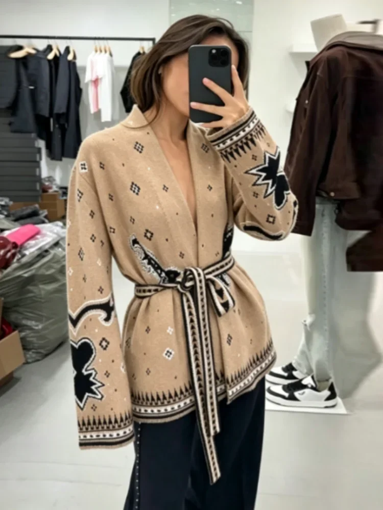 Vintage Pattern Wrap Cardigan V Neck Long Sleeve Belted Waist Tie Loose Fit Outerwear Women Chic Fall Winter Street Daily Wear