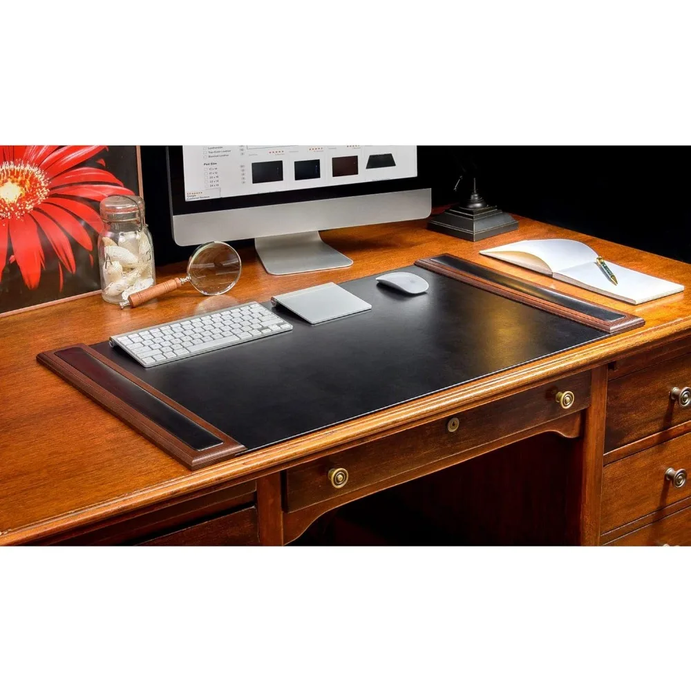 Wood & Leather Pad with Side Rails Luxury Leather Desk Blotter for Writing, 34” x 20”, Walnut & Black