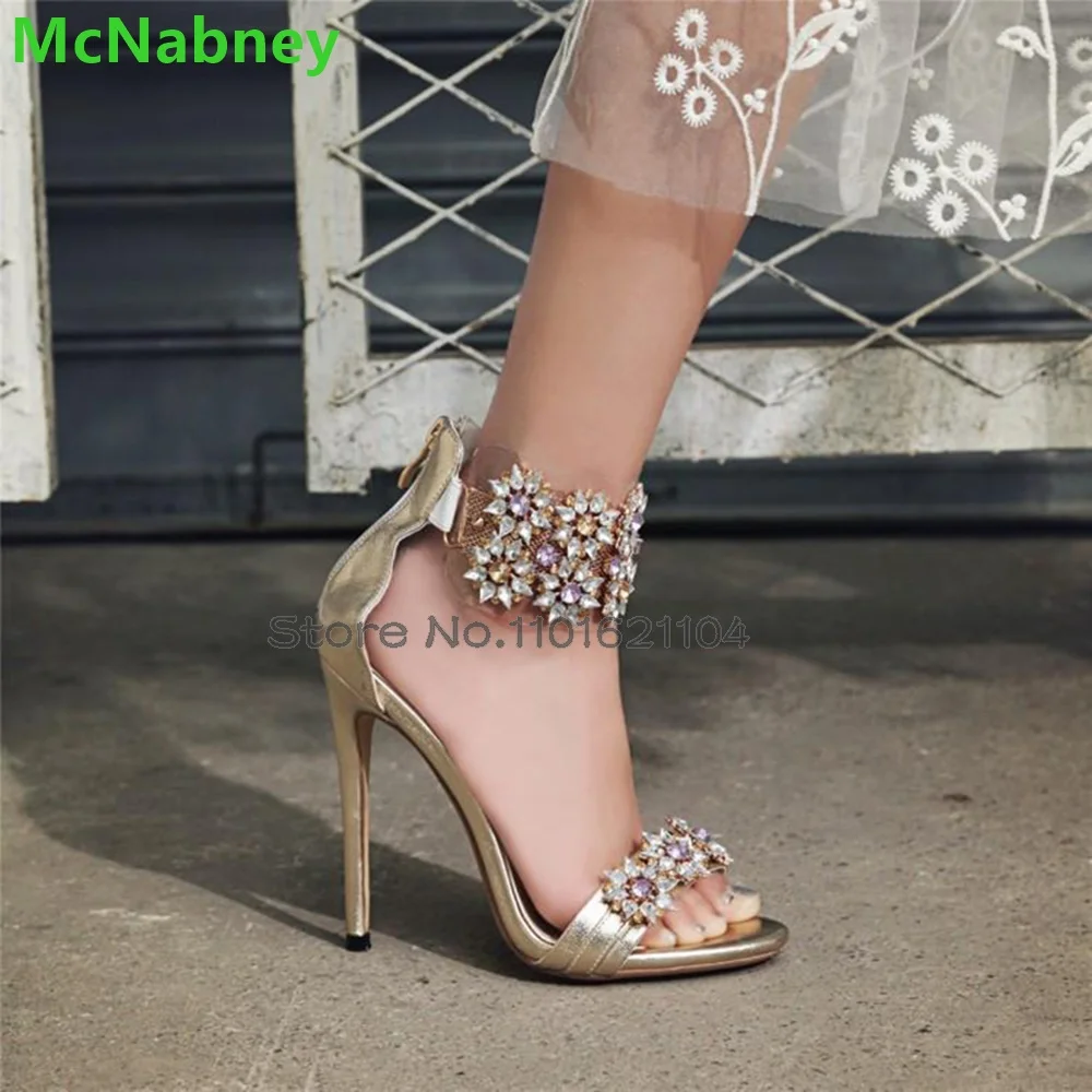 

Thin High Heel Flower Crystal Sandals For Female Women 2024 New Round Toe Back Zipper Sexy Elegant Fashion Dress Summer Shoes