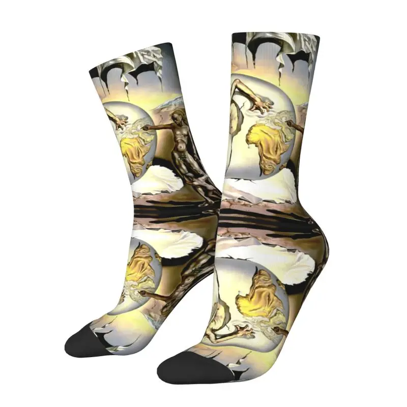 

Custom Geopoliticus Child Watching The Birth Of The New Man Dress Socks for Men Women Warm Novelty Salvador Dali Art Crew Socks