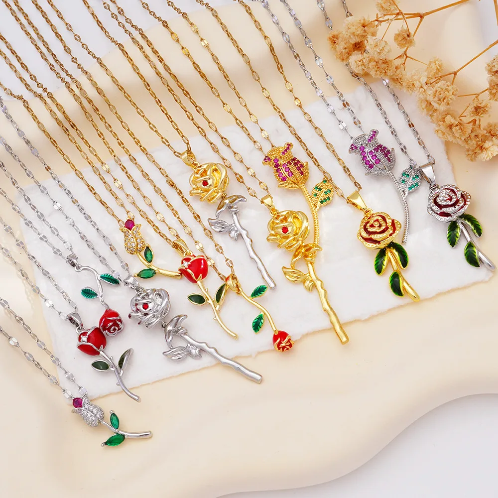 Luxury Colorful Zircon Rose Flower Pendant Necklace for Women Girls Elegant Sweet Stainless Steel Chain Jewelry Accessories Gift