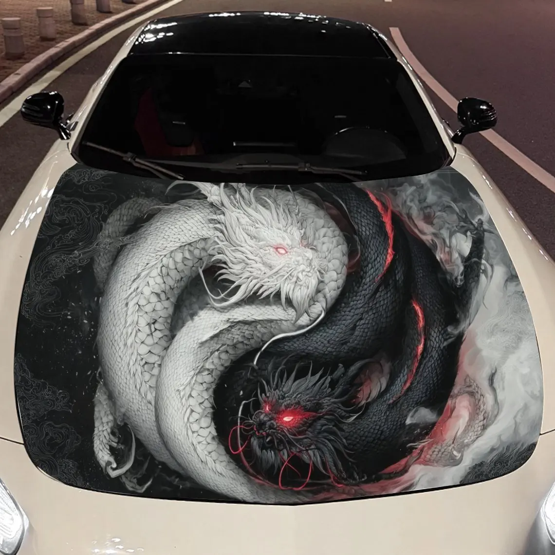 

Black-Scaled Red-Eyed Dragon and White-Scaled Immortal Dragon Car Vinyl Wrap, PVC Material Waterproof Car Hood Sticker, Self-Adh
