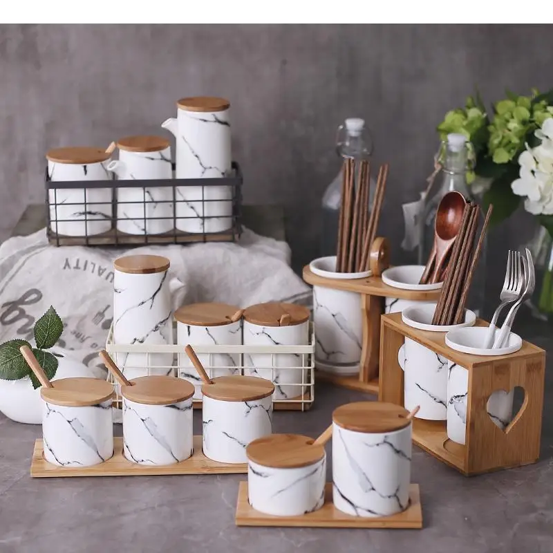 

European Modern Marbled Ceramic Seasoning Pot Oil Kitchen Set Salt Shaker Pepper Chili Box Oyster Sauce Bottle