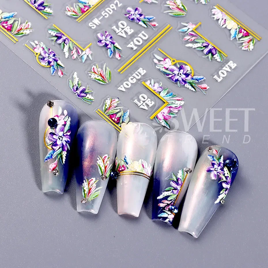 5D Embossed Fruit Nail Art Stickers Summer Strawberry Orange Flowers Geometry Design Adhesive Decal DIY Manicure Decoration Tips