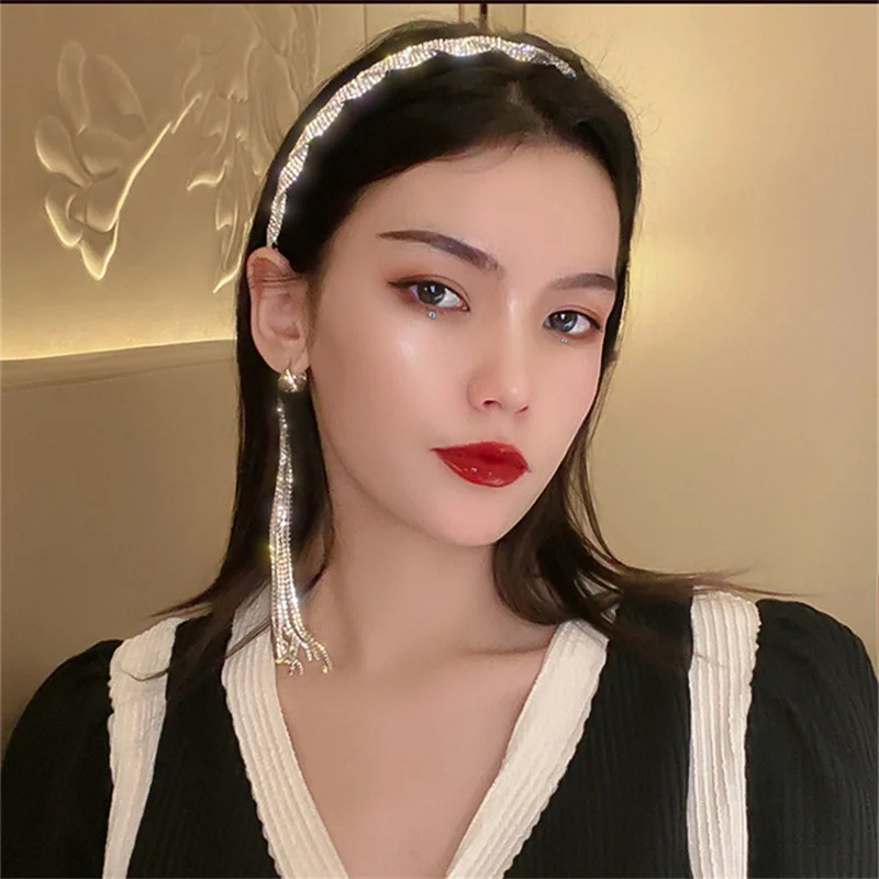 Korea Style Long Tassel Asymmetry Rhinestone Headband for Women Black Velvet HairClip Wedding Hair Accessories Jewelry