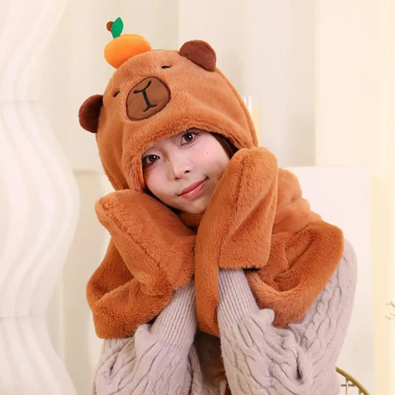 3 In 1 Schattige Capibara Muts Sjaal Handschoenen Set Warm Capibara Pluche Capuchon Sjaal Beanie Capuchon Perfect Winter Cadeau Voor Vrouwen Meisjes