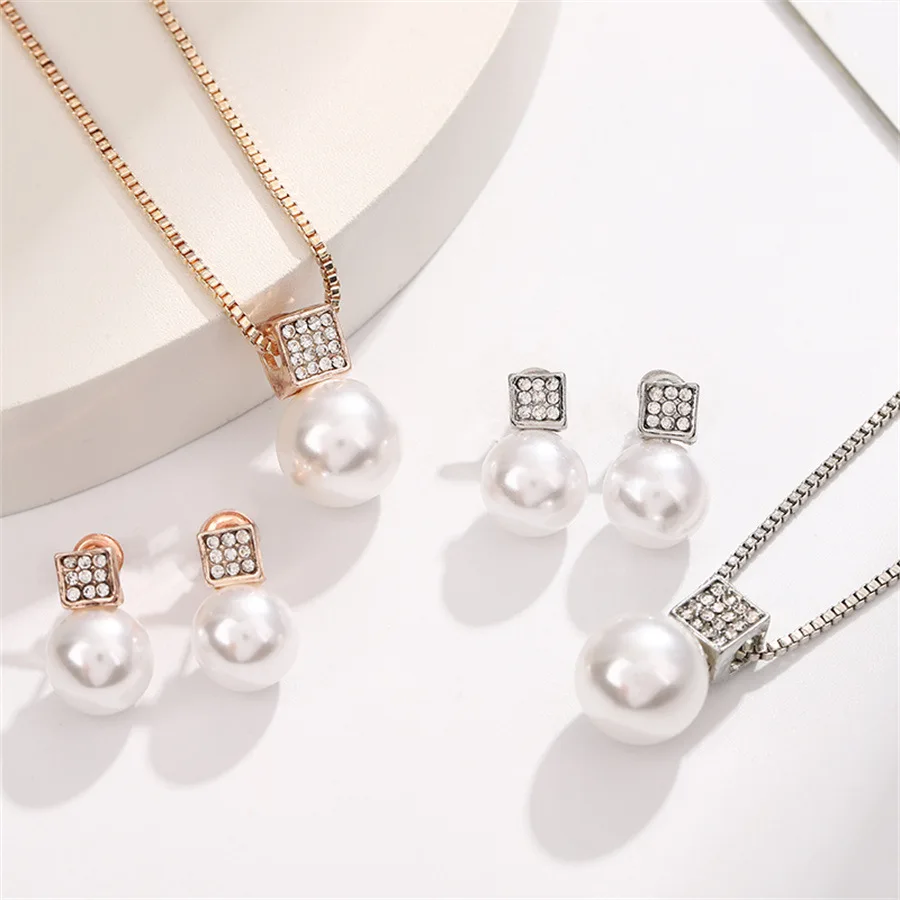 3pcs Set New Arrival Fashion Geometric Square Zircon Pearl Necklace Stud Earring for Women Luxury Wedding Bride Jewelry Set Gift