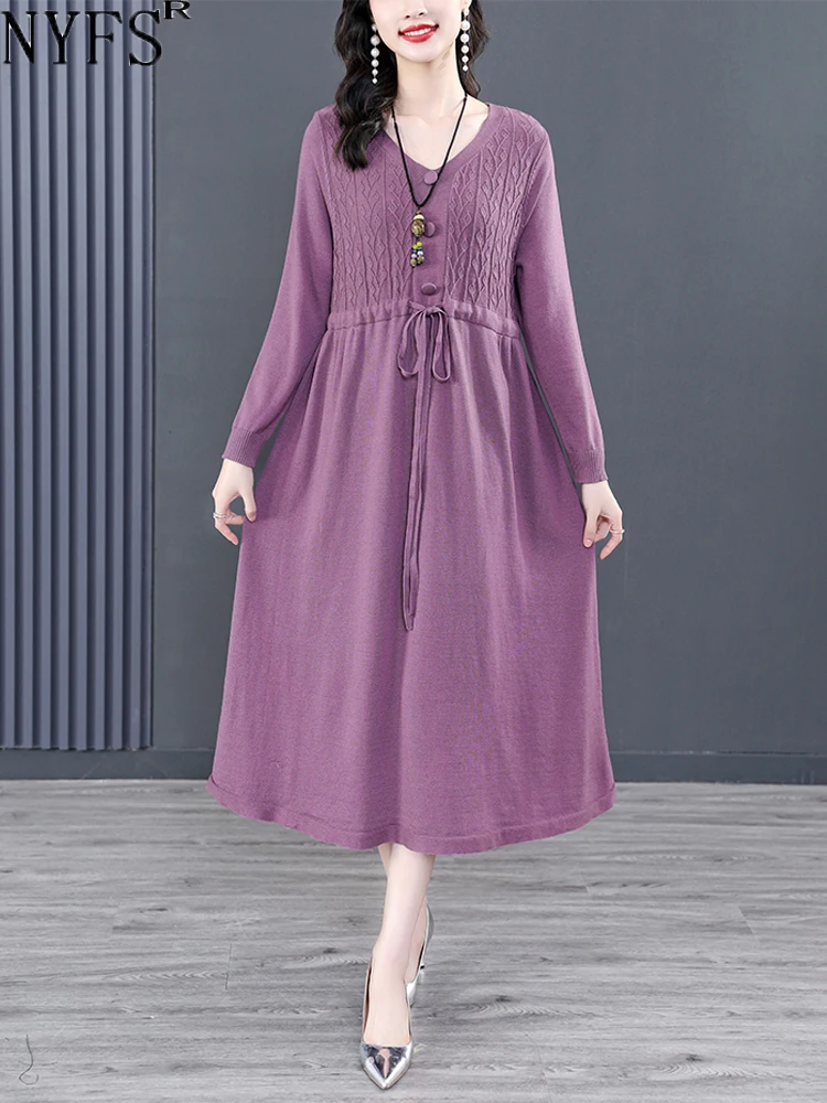 

NYFS 2023 Autumn Winter New Sweater knitting Dress Vestidos Robe Elbise Loose Plus Size Long Sleeve Women Dress