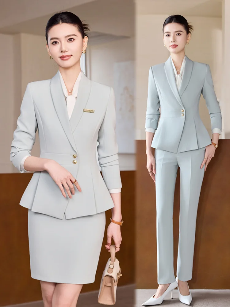 High-end women's suit set for autumn and winter, long-sleeved professional attire for beauty salons, hotel workwear, front desk