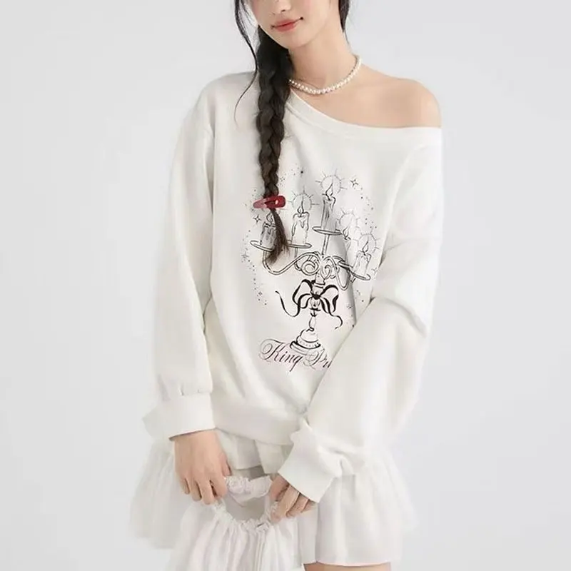 American Retro Printed Sweatshirts Women's Clothing Skew Collar Spring Autumn Stylish Off Shoulder Casual Long Sleeve Hoodies