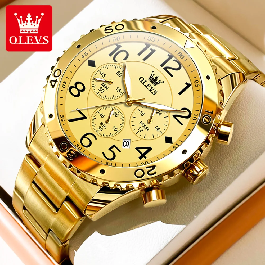 OLEVS 48mm Large Dial Golden Stainless Steel Quartz Watches for Men Luxury Brand Chronograph Auto Date Waterproof Man Wristwatch