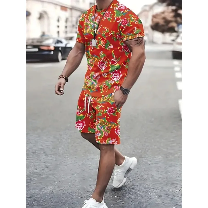 2025 New 3D Textured Men's Flat Size Clothing Printed Suits Short Sleeves and Shorts Casual Summer Sportswear