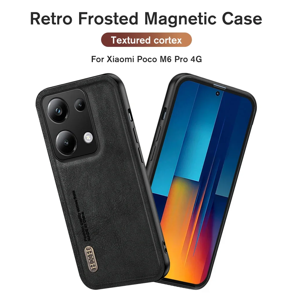 Матовый Магнитный кожаный чехол в стиле ретро для Xiaomi Poco M6 Pro poko M6Pro M 6Pro, мягкая рамка, Защита камеры, противоударный чехол