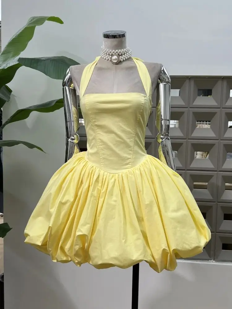 

Sexy Solid Sleeveless Backless Halter Short Flower Bud Dress Fashion A-line Summer Evening Party Lolita Gowns Vestidos