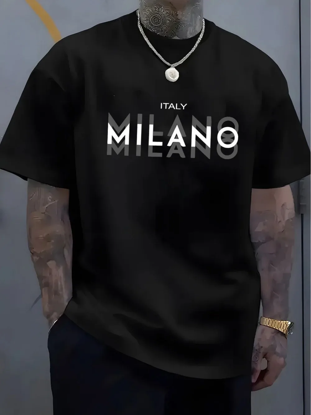 Men's summer casual comfortable breathable round neck T-shirt with letters and various shadow patterns outdoor fashion top image 2