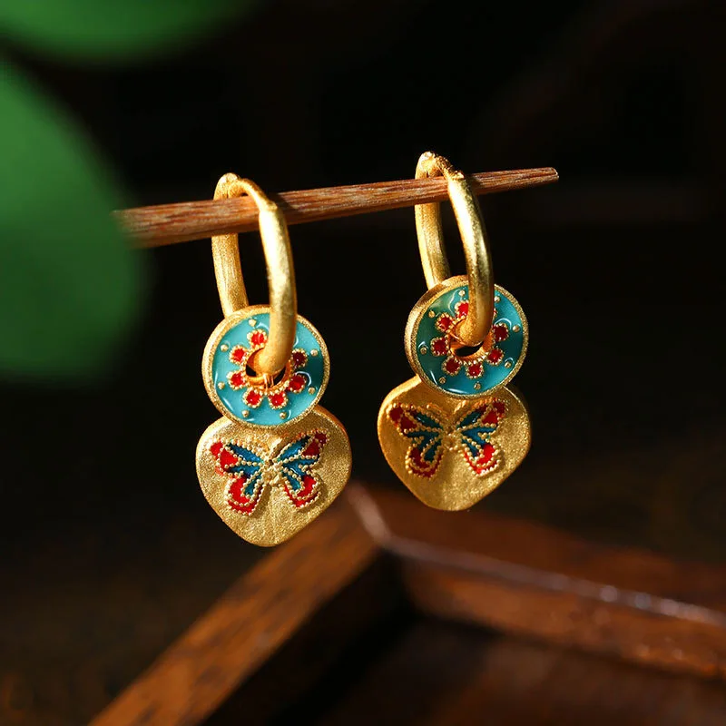 Ethnic Chinese Butterfly Flower Shape Earrings for Women Jade Bead Pearl Pendant Luxury Palace Jewelry Vintage Design Charm Gift