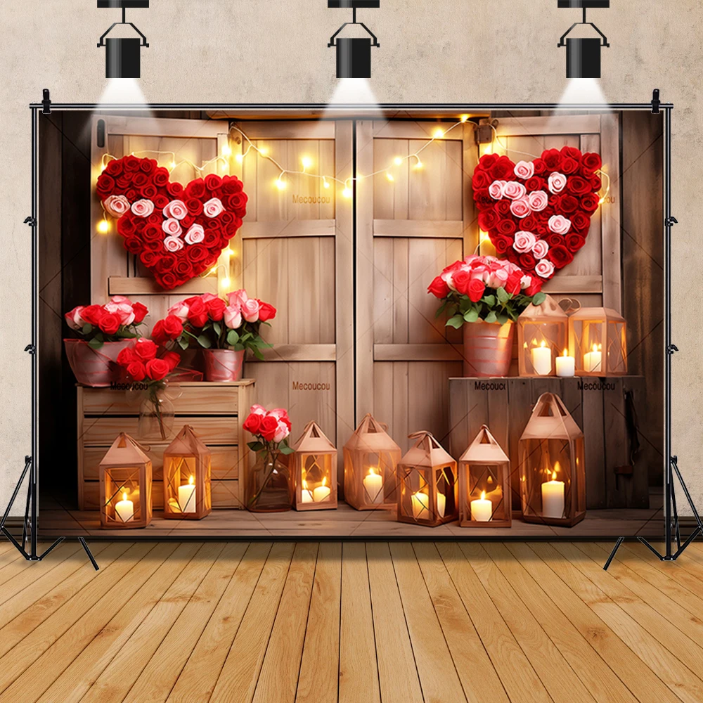 Wooden Heart Shape Light Photography Background Valentine\'s Day Romantic Red Love Flower Candle Photo Studio February 14