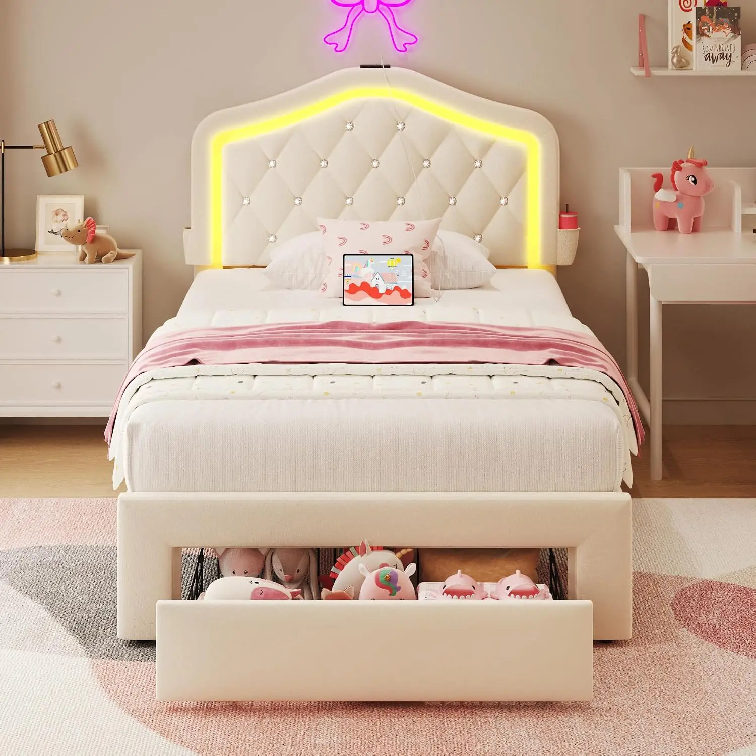 Velvet Platform Bed Frame With Adjustable Headboard, Storage Drawers, USB & LED, No Box Spring, Easy Assembly, Beige, Customized