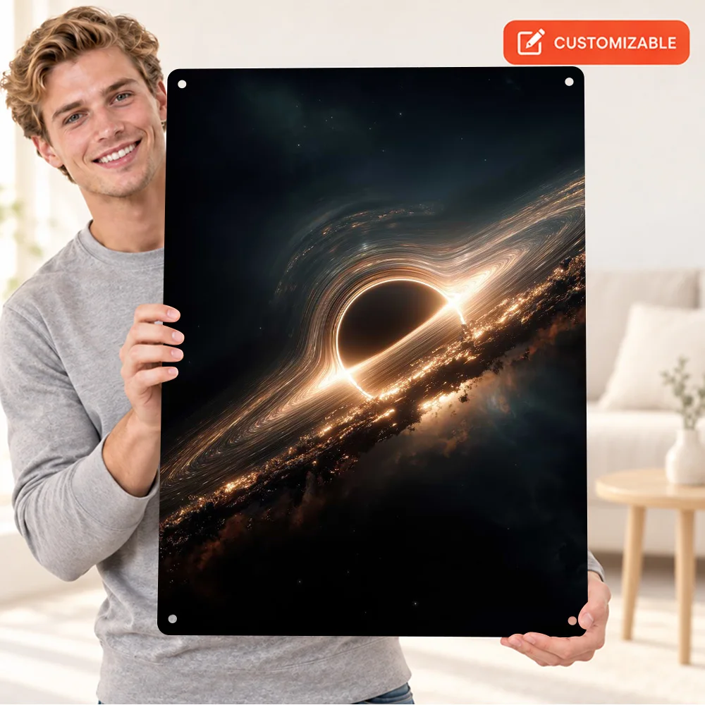 Black Hole With Accretion Disk Aluminum Poster Customized Metal Sign Astronomical Digital Illustration Wall Art For Study Room