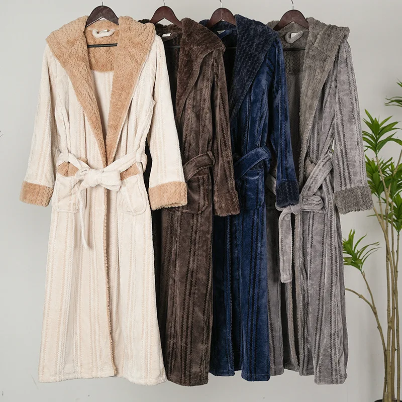 

Winter Hooded Long Robe Nightgown Couple Thick Warm Sleepwear Sexy Bathrobe Kimono Gown Men Home Clothes Loose Casual Nightwear