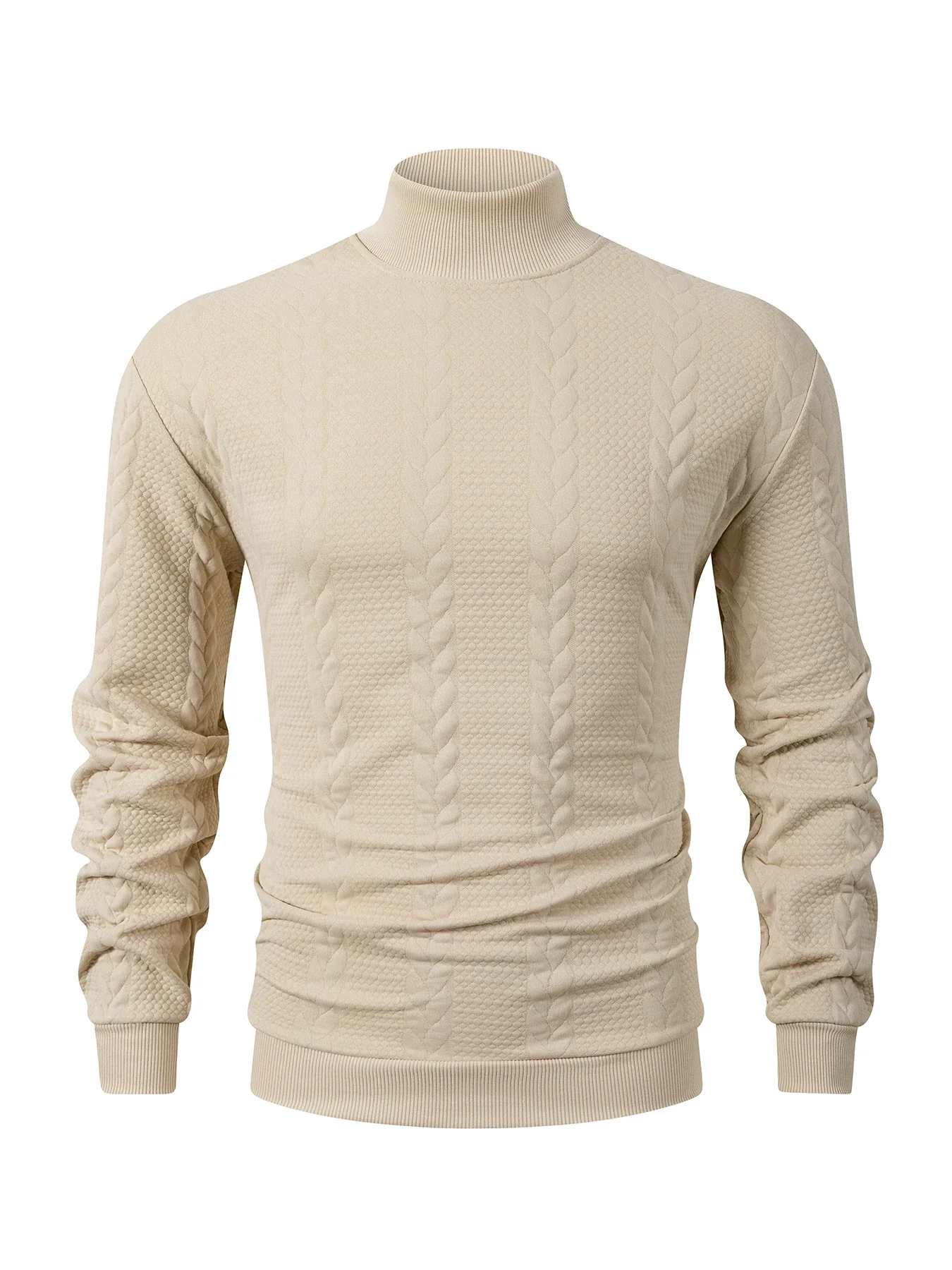 Autumn And Winter Men's High Neck Cable Knit Pullover Soft Warm Fabric Long Sleeve Ribbed Cuffs and Hem Smart Casual Sweatshirt