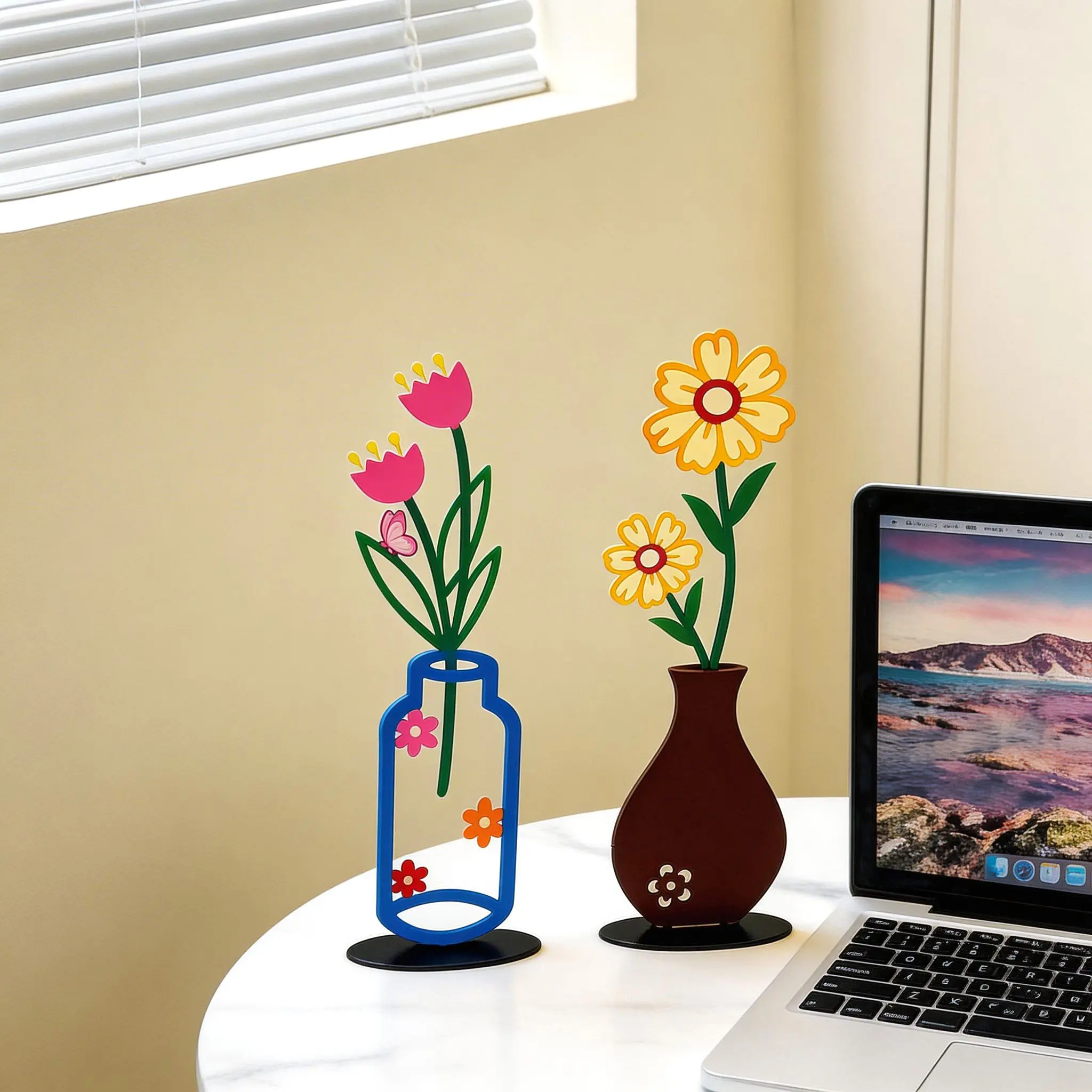 

2D Flat Color Printing Vase Tulip Daisy Flower Decoration Living Room Desktop Decorative Colorful Shelf Table Ornament