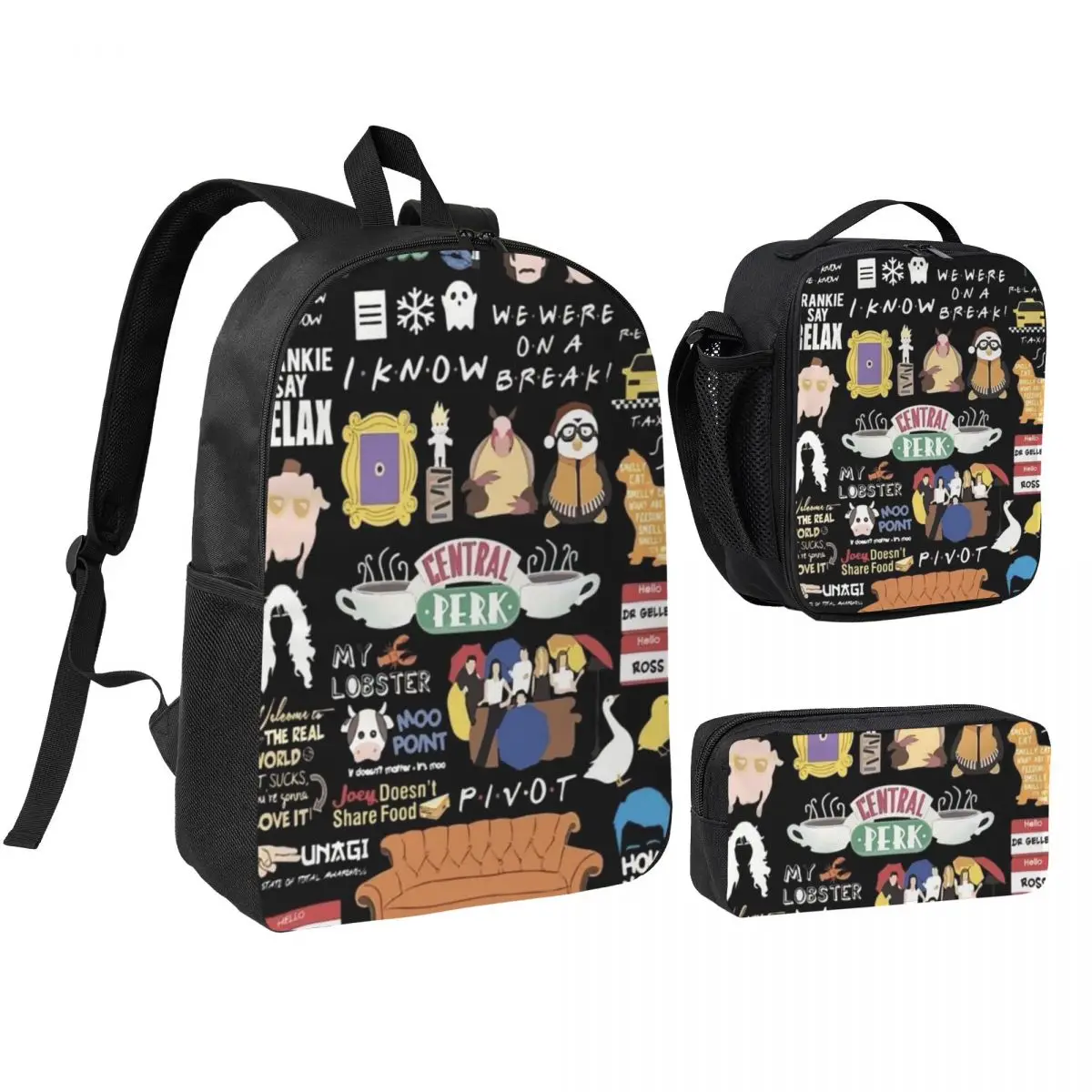 Unisex Funny Friends Collage Backpack Student BookBag School Bag Shoulder Bags 3ps Insulated Lunch Bag Pencil Case