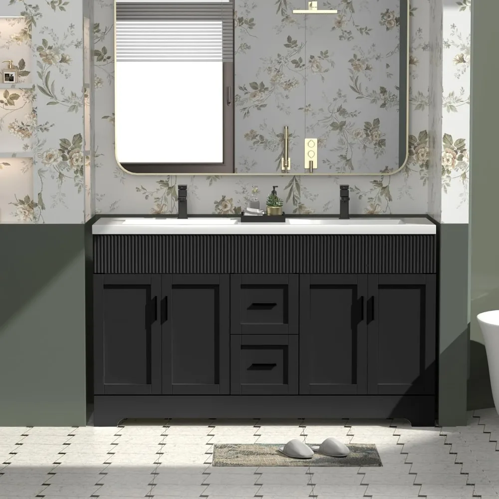 

60" Bathroom Vanities Sink Combo with Painted Surface, Cabinet W/Decorative Wave Lines, Matte Black Faucet Drain, Vanity Desk