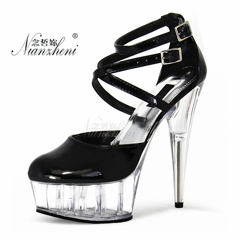 

Nightclub Shallow 15cm Crystal Round Toe Patent Leather Platform Sandals Thin Heels Strip Pole Dance Black Big Size Full Dress