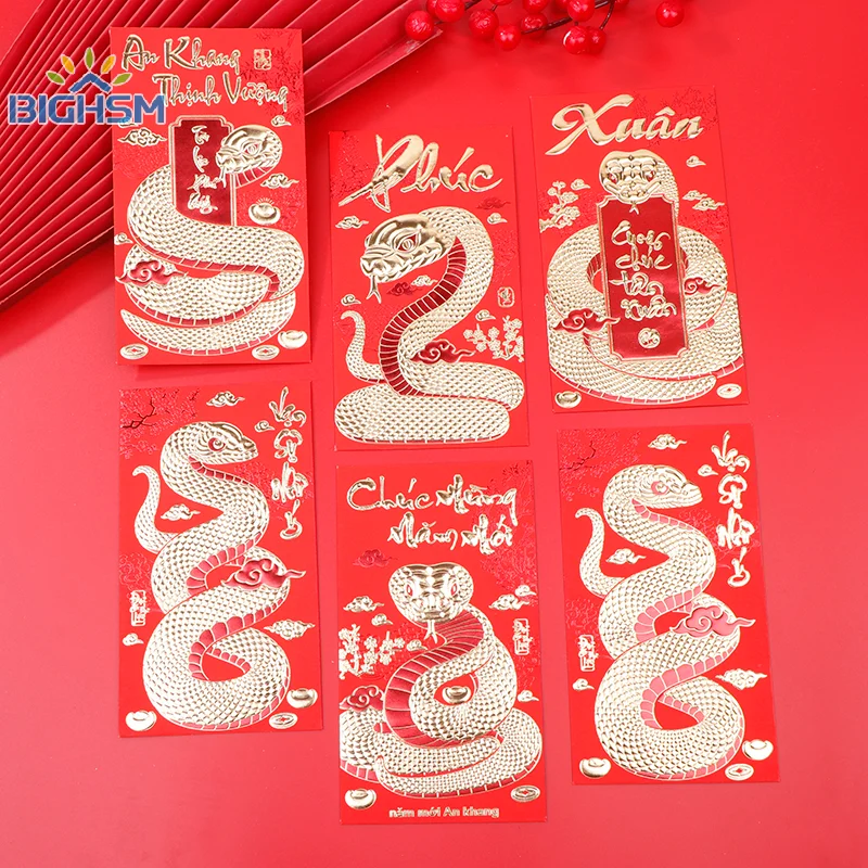 6Pcs 2025 Year Of The Snake Spring Festival Red Envelope New Gift Chinese Zodiac Lucky Lunar Vietnamese Money Pockets