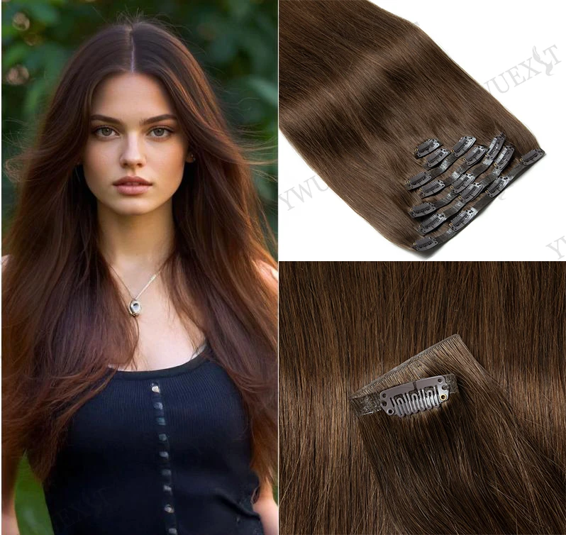 Onzichtbare Clip in Hair Extensions 100% Menselijk Haar 7 stks Set Naadloze PU Tape Inslag Donkerbruin Clip in Hair Extensions voor Vrouwen