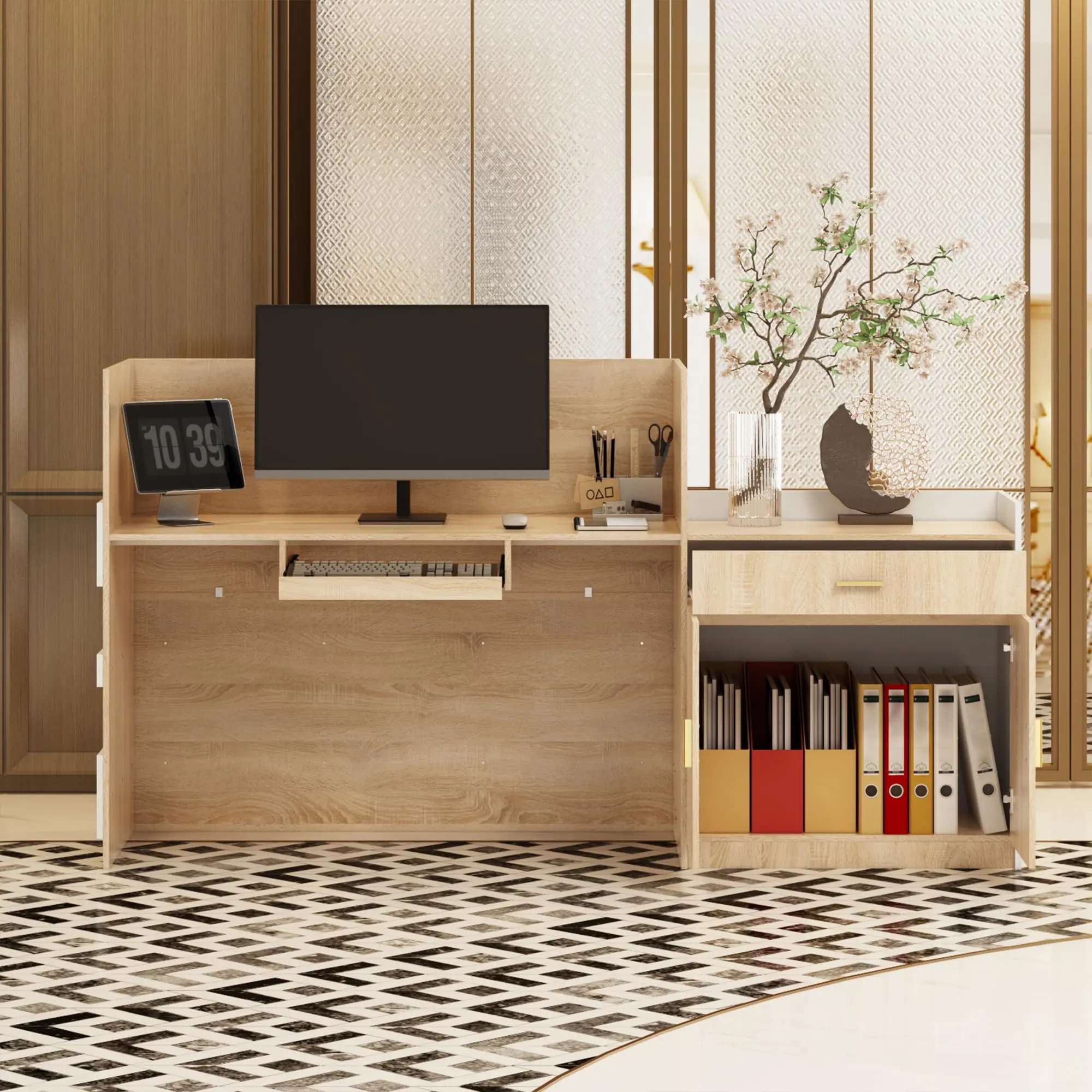 Oak & White Reception Desk with Keyboard Tray, Retail Counter with Cabinet, Checkout Counter Table for Office Clinic