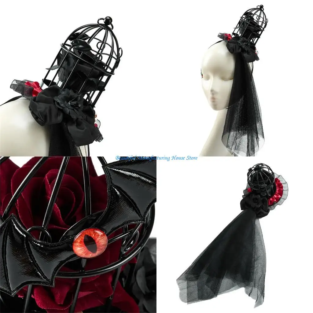 E56A Ornate Gothic Wedding Fascinator With Bat Wing Devil Eye Roses And Adjustable Hair Clips Design