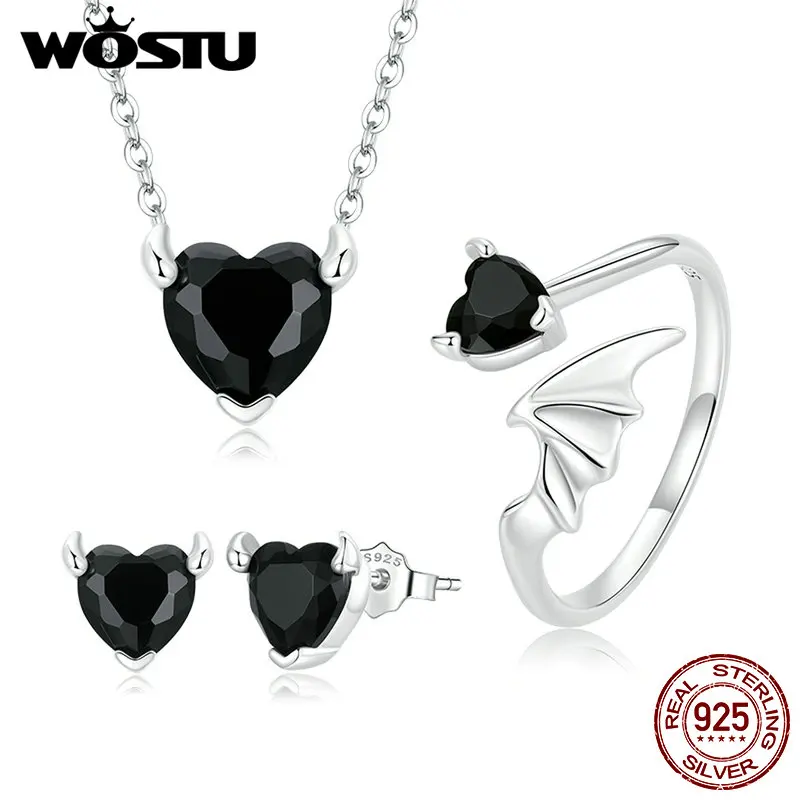 WOSTU 100% 925 Sterling Silver Devil Heart Ear Studs Ring & Necklace Sets for Women Fine Heart Zircon Anniversary Jewelry Suits