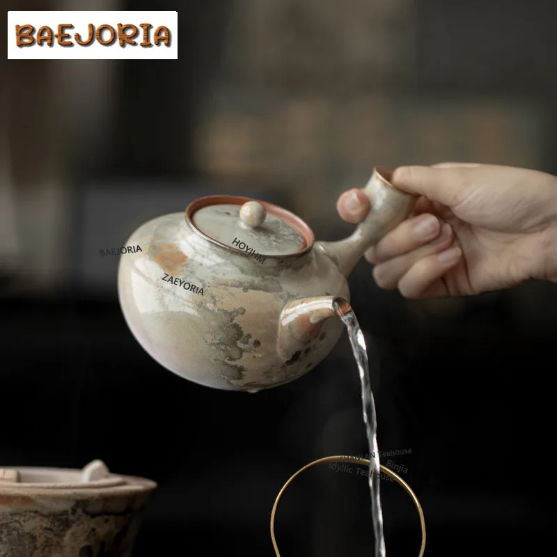 BAEJORIA 450ml Ink Wood-fired Porcelain Side Handle Boiling Water Kettle Large Capacity Tea Infuser Pot Healthy Tea Kettle Craft