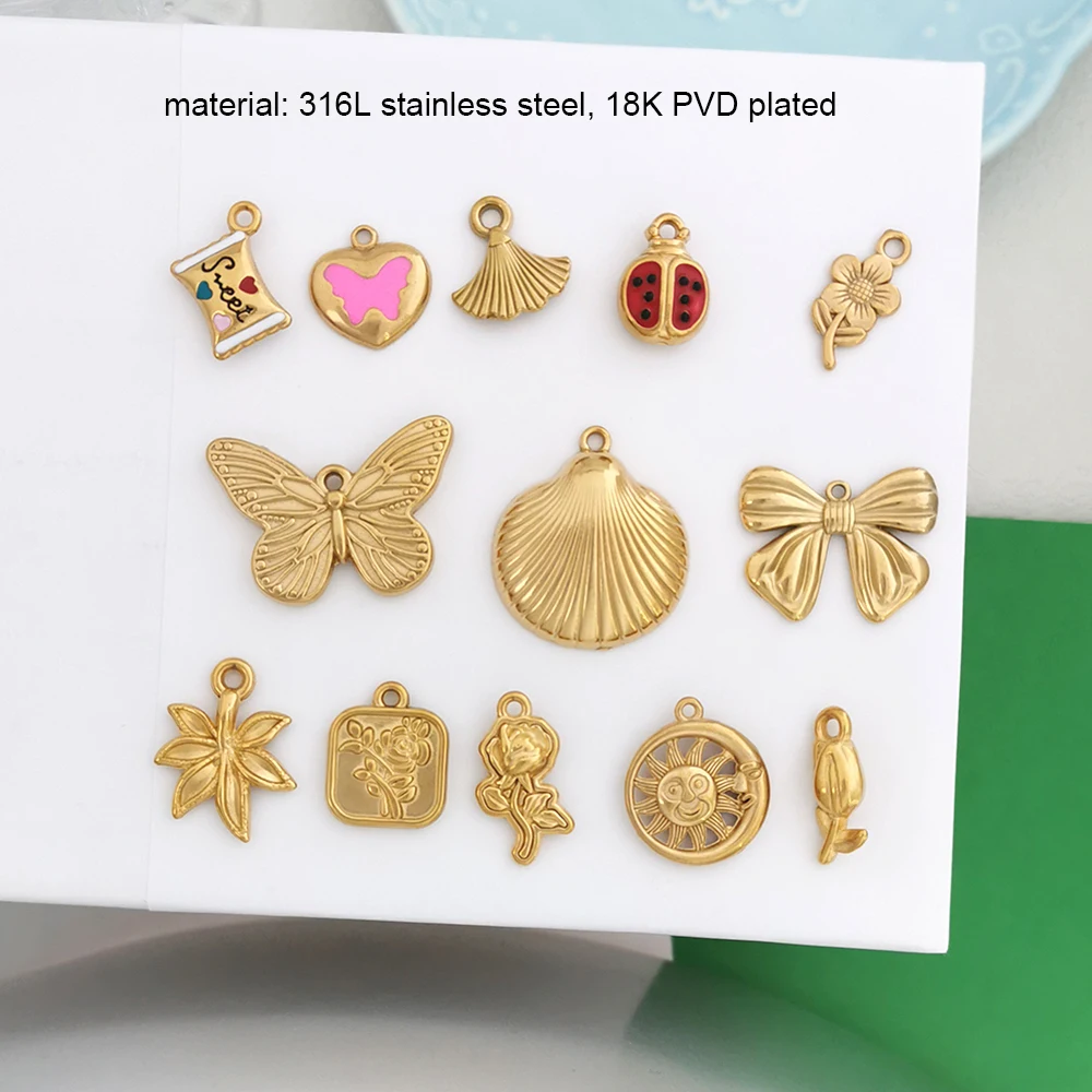 1 Piece Stainless Steel Pendant Charm Heart Rose Shell Star Sun Butterfly Bow Flower Red Gold Color Custom Necklace Wholesale