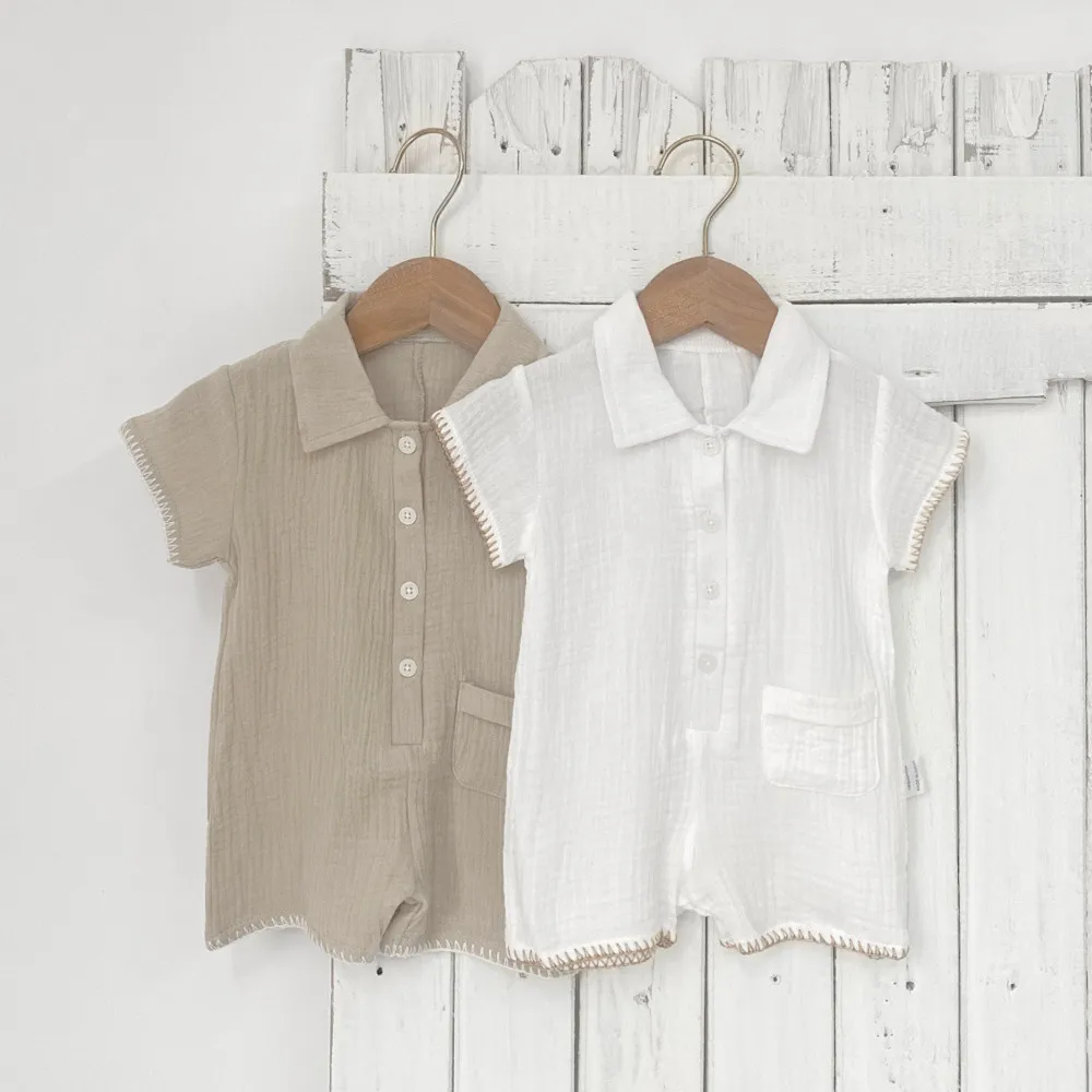 2026 Summer Newborn Baby Soft Rompers Short Sleeve Solid Color Loose Toddlers Boys Jumpsuits  1-6 Years