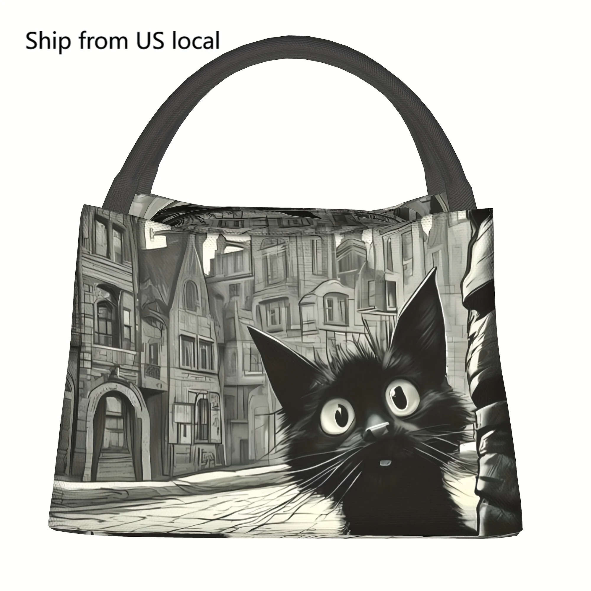 

1pc Vintage Black Cat & European Street Scene Insulated Lunch Bag - Reusable Refrigerated Cooler Tote for Camping, Beach, Office