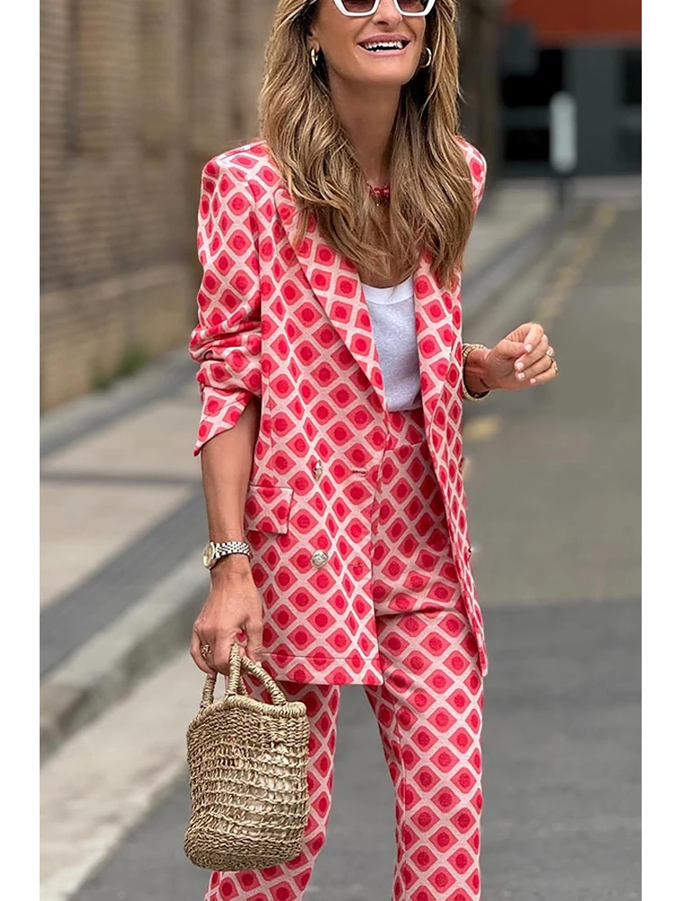 Womens Print 2 Piece Blazer Sets Casual Long Blazer Jackets And Slim Fit Pants Suits Y2K Street Work Office Two Piece Outfits