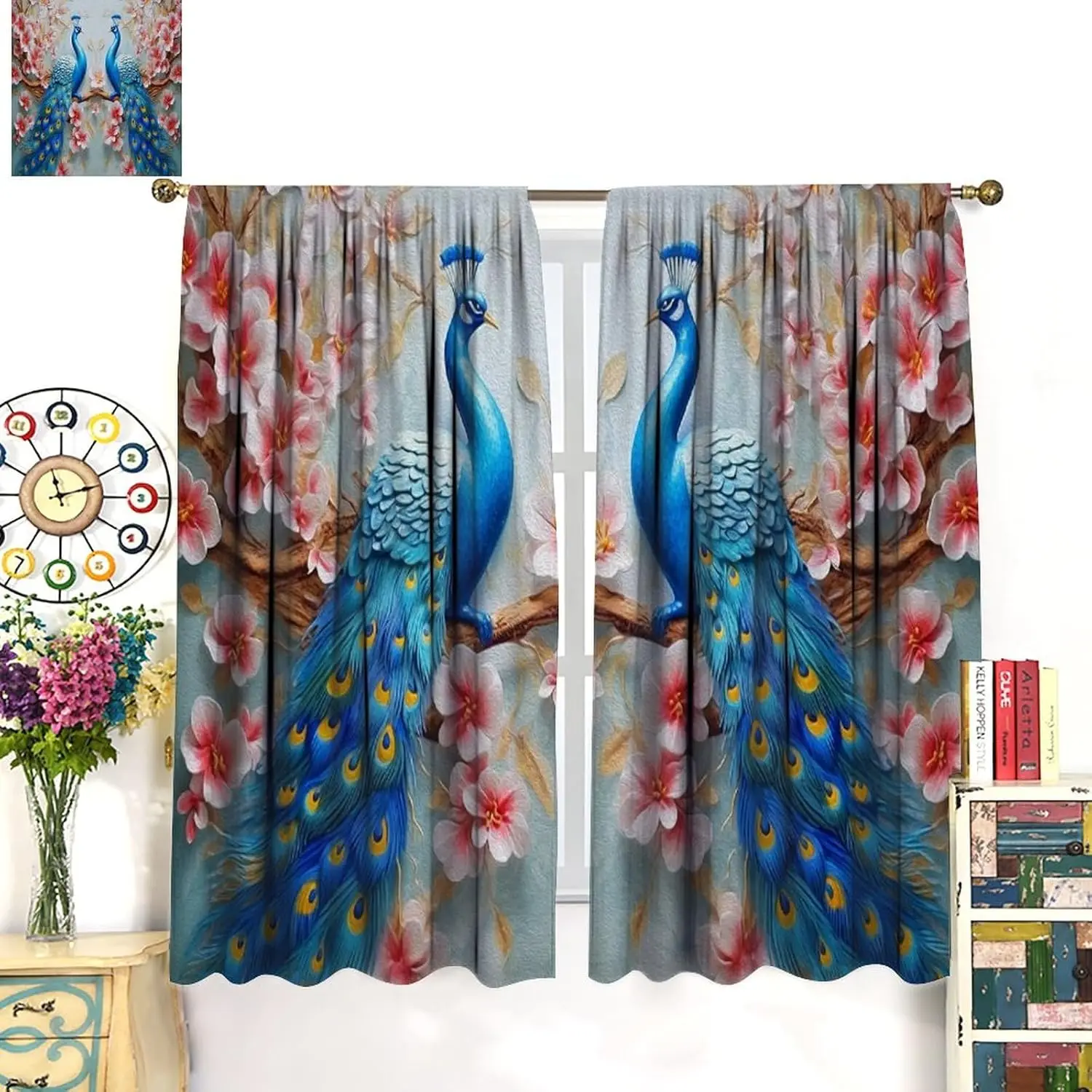 Peacock Curtains,Red Flower Beautiful Elegant Bird Oil Painting Style Blue Peacock Fabric Window Treatments for Bedroom