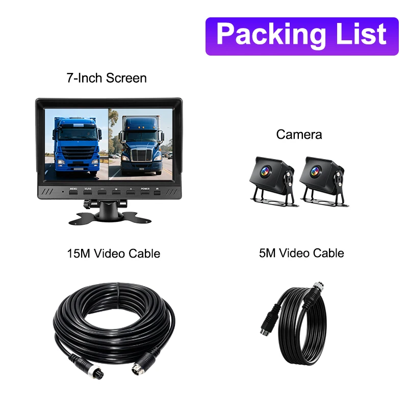 شاشة عرض IPS عالية الوضوح 1080P كاميرات احتياطية عكسية صورة عكسية 2CH 7 بوصة مسجل شاحنة مراقبة السيارة #2