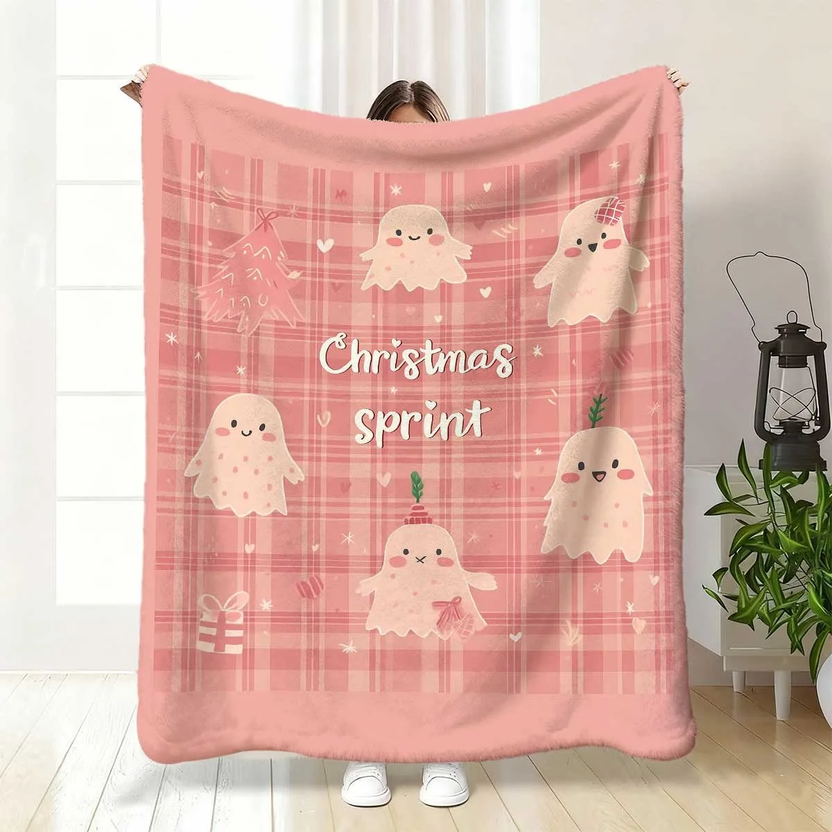 Cozy Flannel Blanket with Adorable Ghosts & Holiday Decor Pink Plaid Background, Warm Winter Throw for Living Room, Sofa, or Bedroom, Machine Washable Polyester, Decor